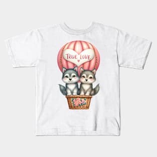 Valentine Wolf Couple On Hot Air Balloon Kids T-Shirt